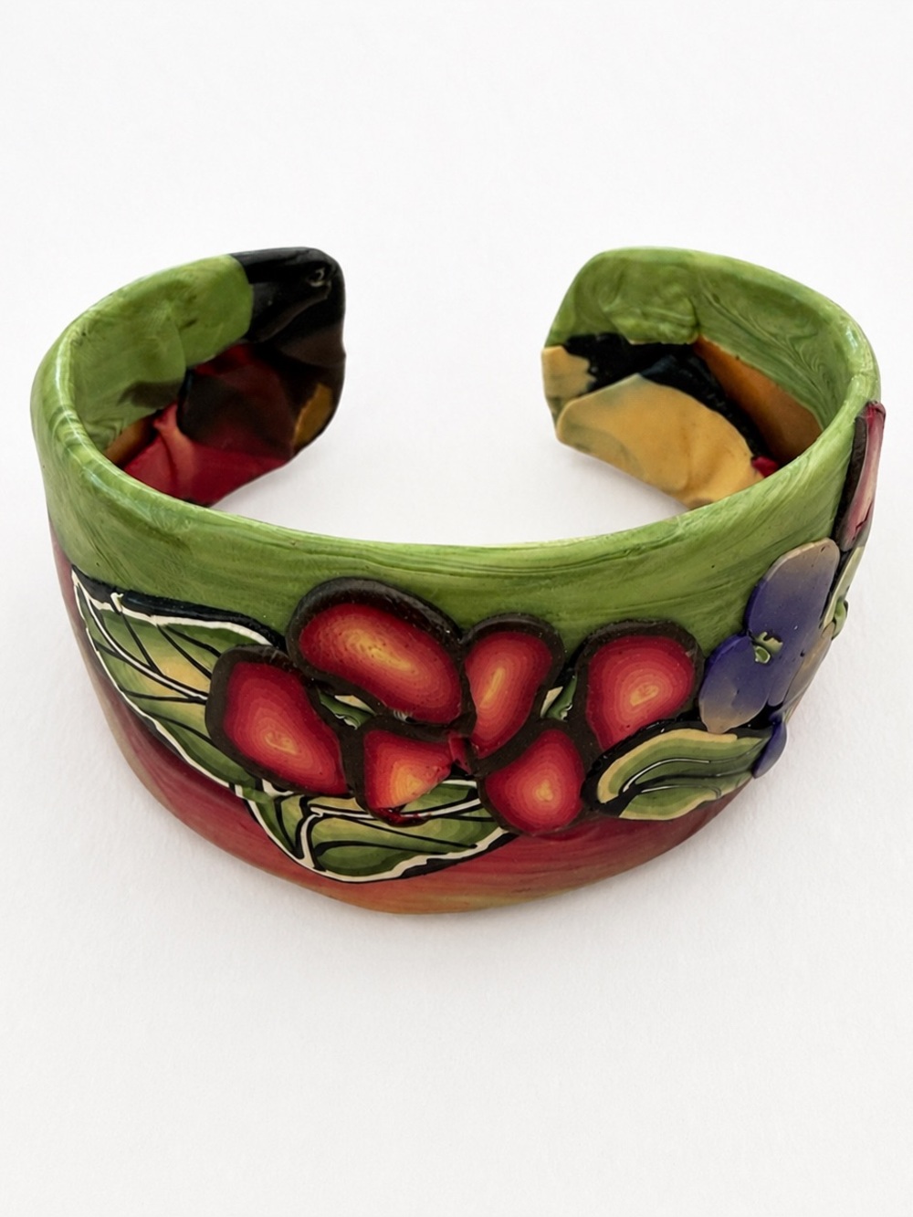 Handmade Polymer Clay Floral Cuff Bracelet Artisan Botanical Open Bangle Cottage